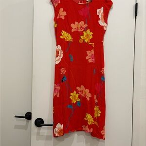 Ann Taylor LOFT Womens Midi Dress Sz 2 Red Yellow Floral Cap Sleeve